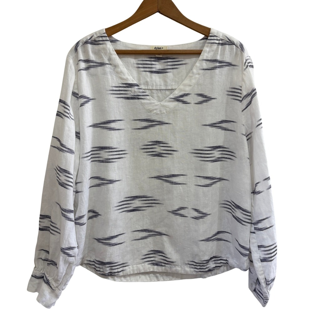 Dylan Lightweight Linen White Blouse Extra Small XS Long Sleeve Tribal Print Top